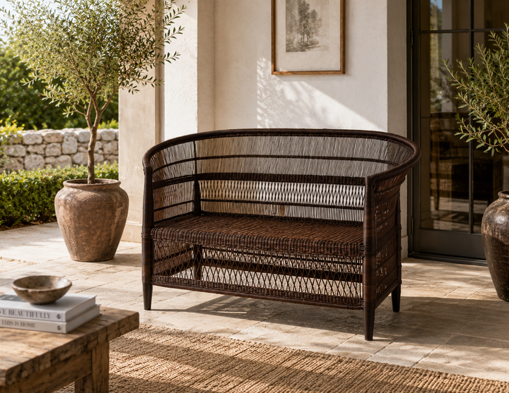 100% Solid Wood Frame Handwoven Natural Rattan Indoor Loveseat, Boho Farmhouse Accent Seating - Authentic African Craftsmanship