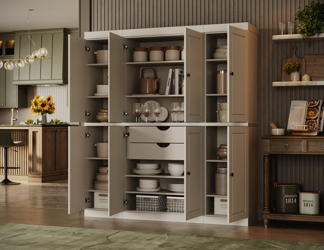 100% Solid Wood Tall Freestanding Kitchen Pantry Cabinet with Doors & 2 Drawers, Modular Storage Cabinet with Adjustable Shelves, 65" W x 71.5" H