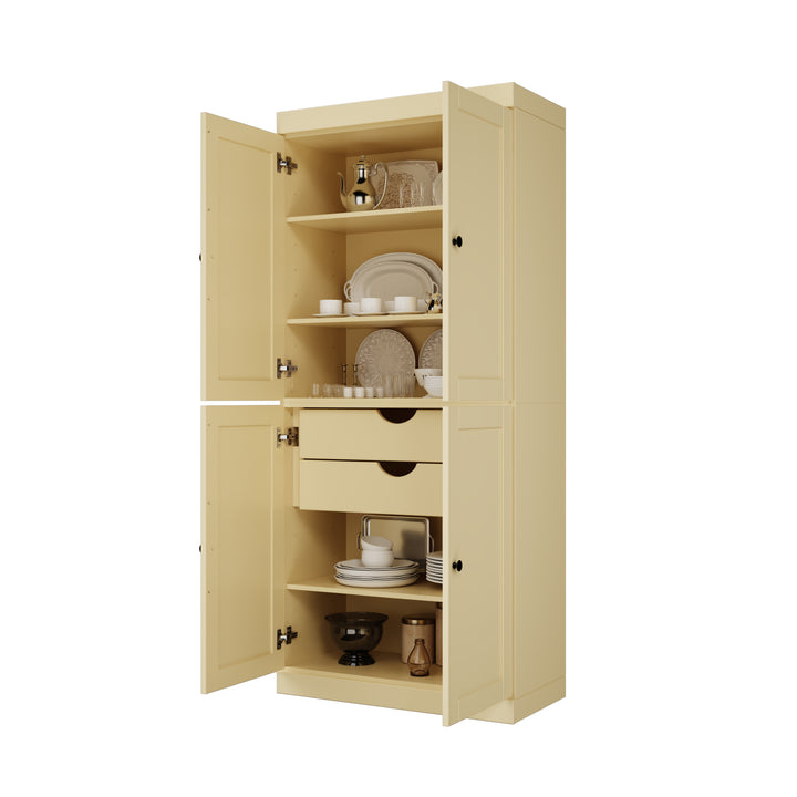 100% Solid Wood 32" Pantry Cabinet, Shaker Wood Doors, 2-Drawers