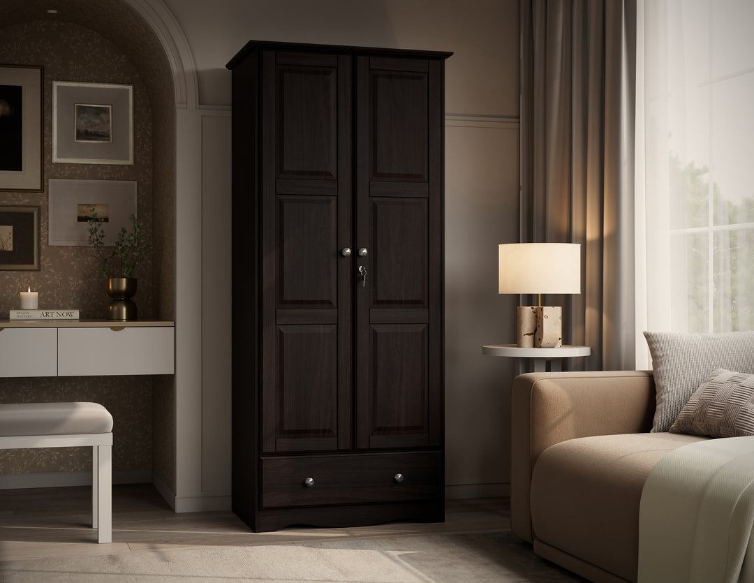 100% Solid Wood 2-Door Wardrobe Armoire with Raised Panel Doors, Bedroom Closet Storage - Flexible Collection with Metal Knobs
