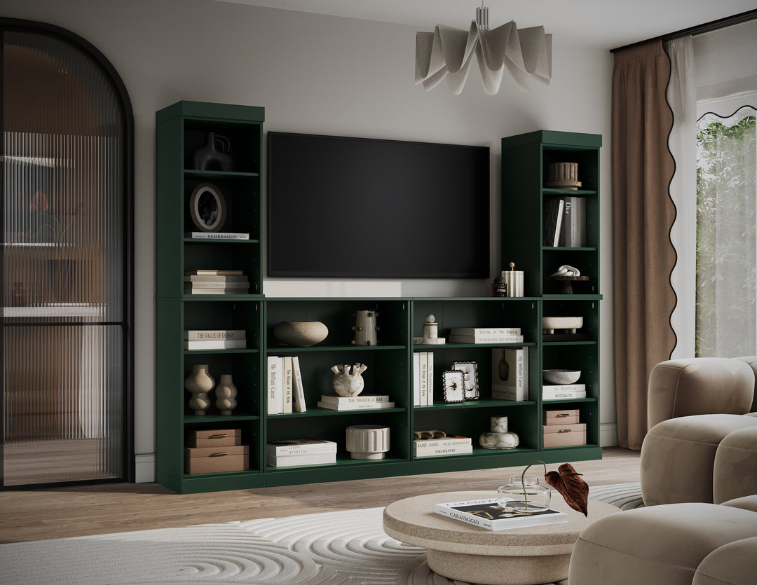 100% Solid Wood 6-Piece Entertainment Center Wall Unit with Storage, Open Cabinets, Adjustable Shelves, 97" W x 71.5" H