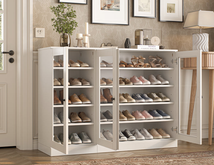 100% Solid Wood Glass Door Shoe Storage Cabinet, Adjustable Shelves, Space Saving Modular Entryway Organizer, 48.5" W x 35.75" H