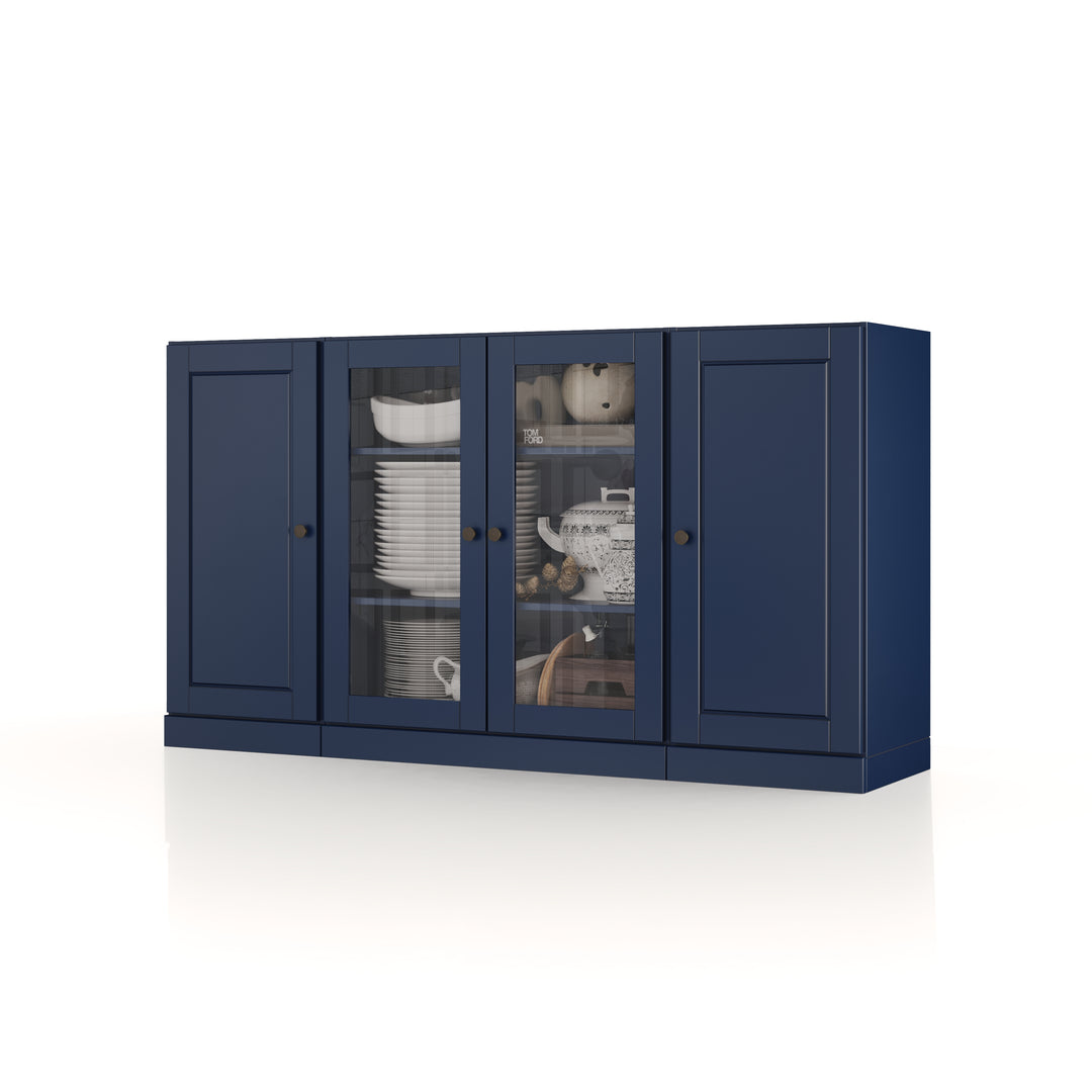 100% Solid Wood 65" Sideboard Cabinet, 2 Clear Glass, 2 Raised Panel Wood Doors, Adjustable Shelves