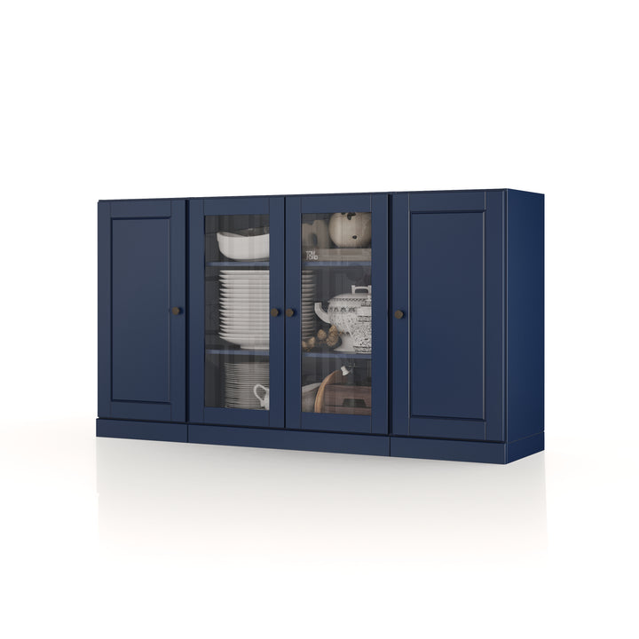 100% Solid Wood 65" Sideboard Cabinet, 2 Clear Glass, 2 Raised Panel Wood Doors, Adjustable Shelves