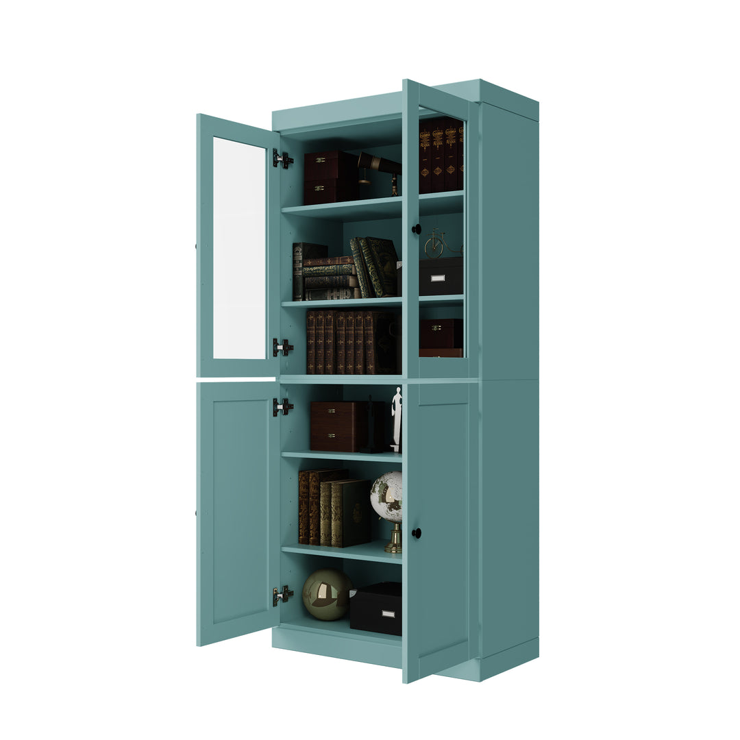 100% Solid Wood 6-Shelf 32" Bookcase, 2 Glass Doors, 2 Shaker Wood Doors, Adjustable Shelves