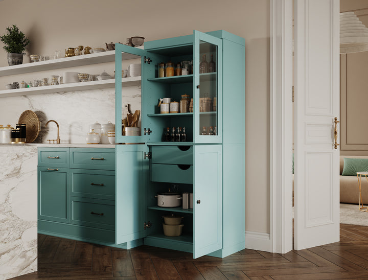 100% Solid Wood 32" Pantry Cabinet, 2 Clear Glass, 2 Shaker Doors, 2-Drawers