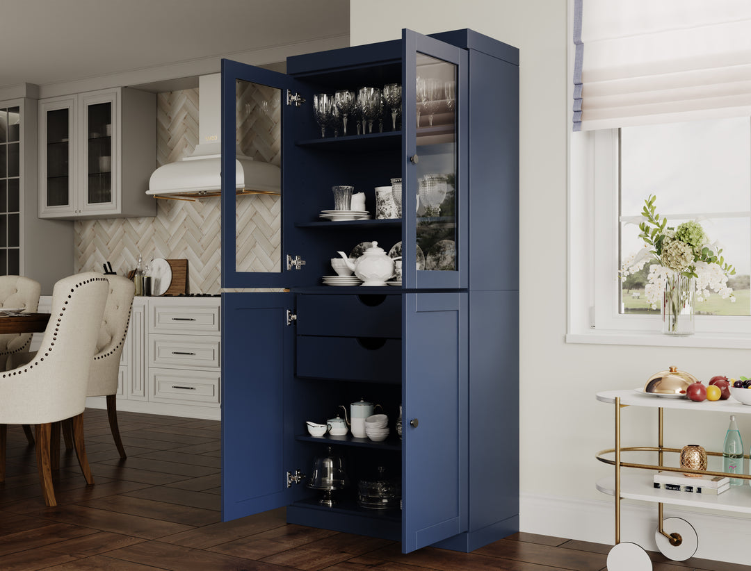 100% Solid Wood 32" Pantry Cabinet, 2 Clear Glass, 2 Shaker Doors, 2-Drawers
