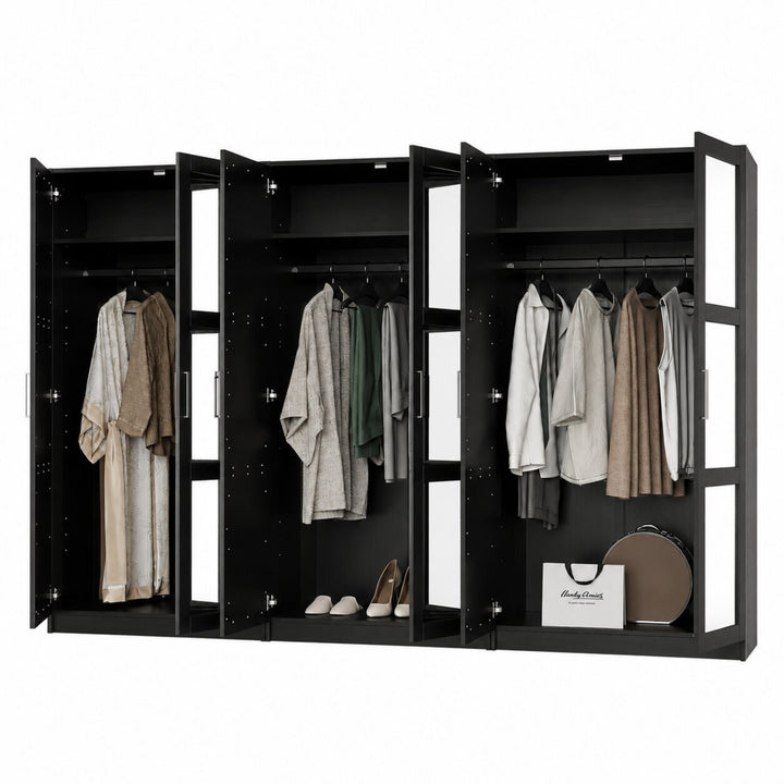 100% Solid Wood Modular 6-Door Wardrobe Armoire with Mirrored Doors, Bedroom Closet Storage - Urban Collection