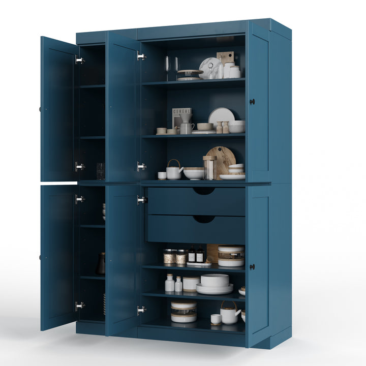 100% Solid Wood 48.5" Pantry Cabinet, Shaker Wood Doors, 2-Drawers