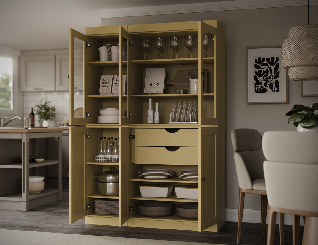 100% Solid Wood 48.5" Pantry China Cabinet, 3 Glass Doors, 3 Shaker Doors, 2-Drawers