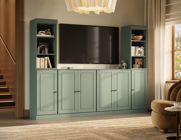 100% Solid Wood 6-Piece Entertainment Center Wall Unit with Storage, Open Cabinets & Raised Panel Doors, Adjustable Shelves, 97" W x 71.5" H