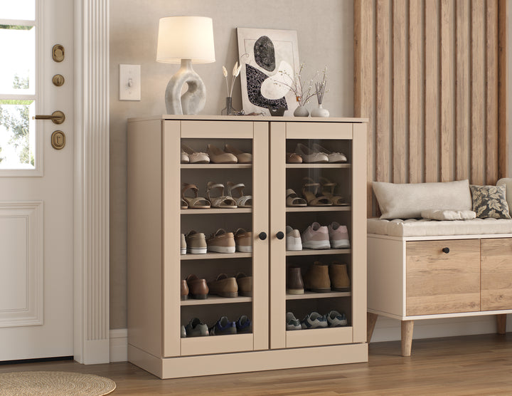 100% Solid Wood Glass Door Shoe Storage Cabinet with Adjustable Shelves, Space Saving Stackable Entryway Organizer, 32" W x 35.75" H