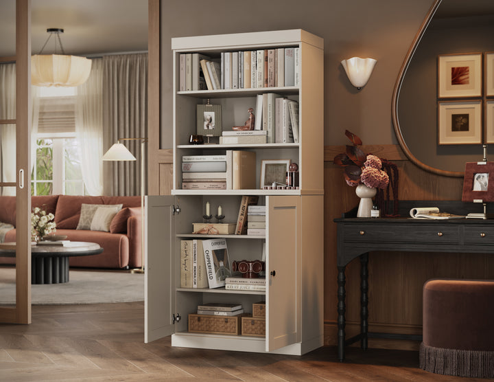 100% Solid Wood Tall Modular Bookcase Cabinet with Doors & Open Shelves, Storage Display Bookshelf with Adjustable Shelves, 32" W x 71.5" H