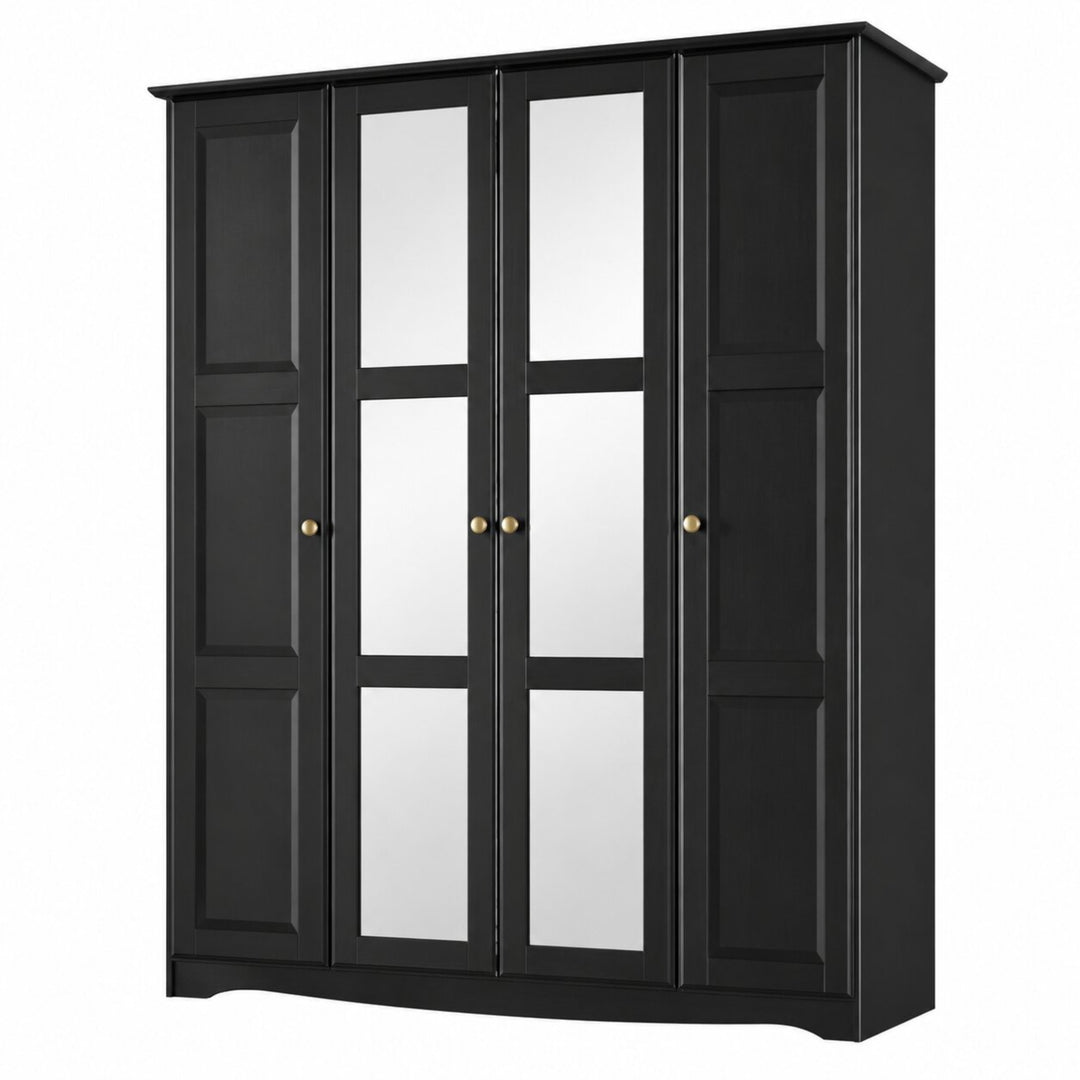 100% Solid Wood 4-Door Wardrobe Armoire with Mirrored Doors, Bedroom Closet Storage - Regal Collection with Metal Knobs