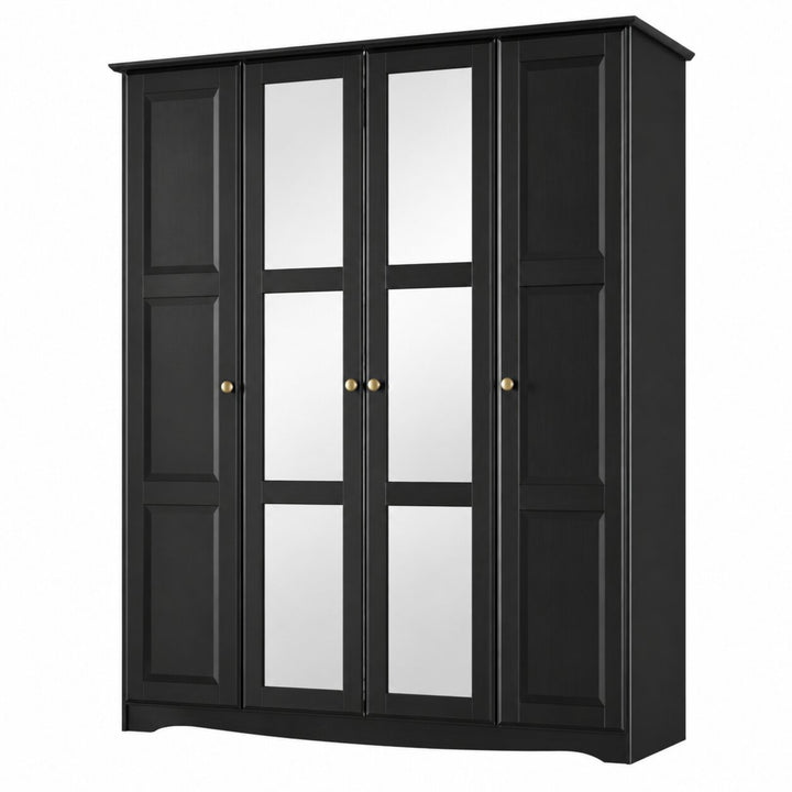 100% Solid Wood 4-Door Wardrobe Armoire with Mirrored Doors, Bedroom Closet Storage - Regal Collection with Metal Knobs