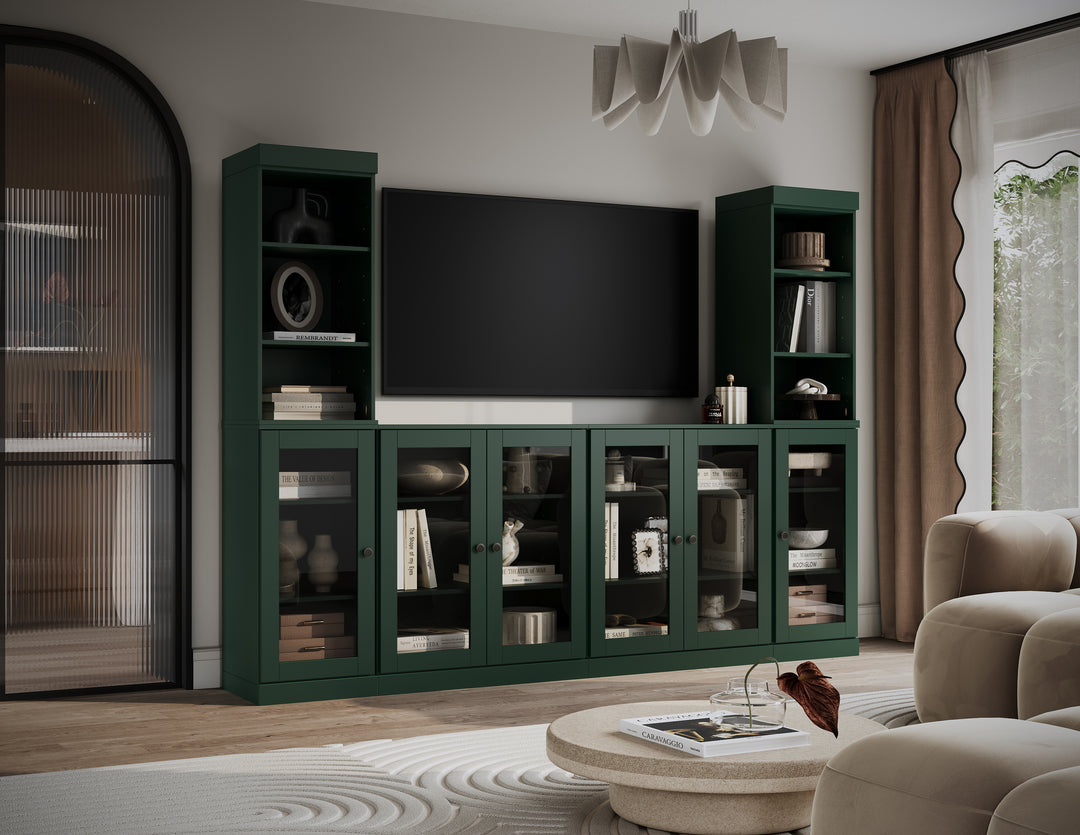 100% Solid Wood 6-Piece Entertainment Center Wall Unit with Storage, Open Cabinets & Glass Doors, Adjustable Shelves, 97" W x 71.5" H