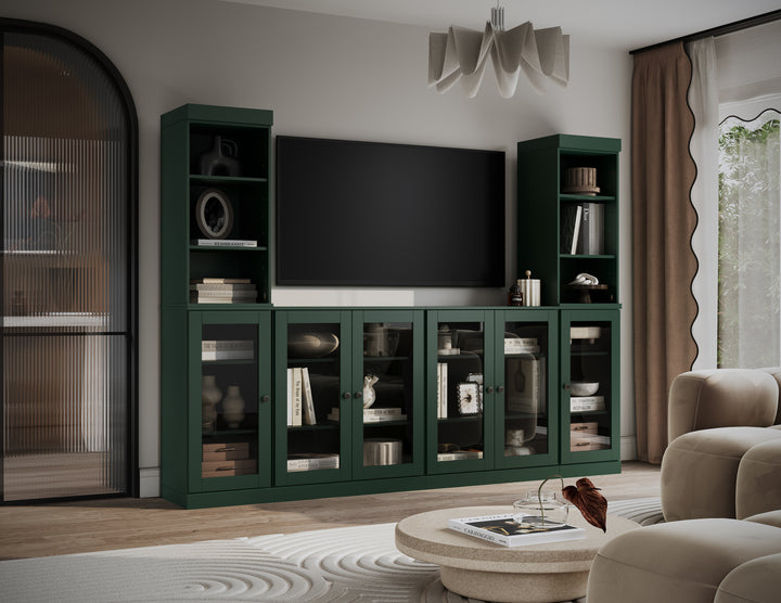 100% Solid Wood 6-Piece Entertainment Center Wall Unit with Storage, Open Cabinets & Glass Doors, Adjustable Shelves, 97" W x 71.5" H