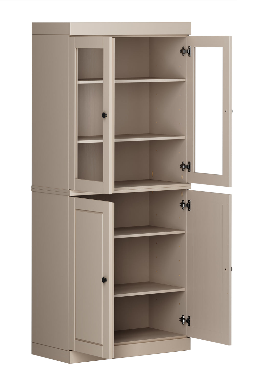 100% Solid Wood 6-Shelf 32" Bookcase, 2 Glass Doors, 2 Raised Panel Doors, Adjustable Shelves