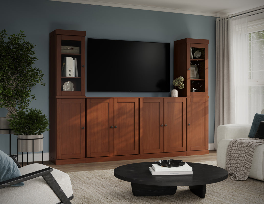 100% Solid Wood 6-Piece Entertainment Center Wall Unit with Storage, Glass & Shaker Doors, Adjustable Shelves, 97" W x 71.5" H