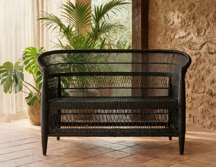 100% Solid Wood Frame Handwoven Natural Rattan Indoor Loveseat, Boho Farmhouse Accent Seating – Authentic African Craftsmanship