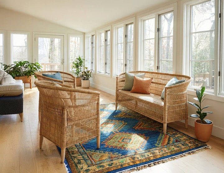 100% Handwoven Natural Rattan 3-Piece Indoor Seating Set with 2 Chairs and 3-Seater Settee, Solid Wood Frame, Boho Coastal Farmhouse, Authentic African Craftsmanship