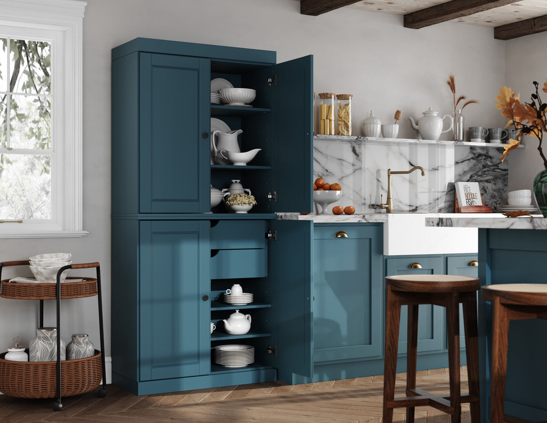 100% Solid Wood Kitchen 32" Pantry Cabinet, 4 Raised Panel Doors, 2-Drawers