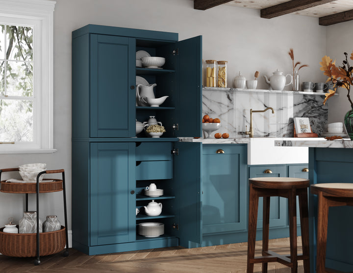 100% Solid Wood Kitchen 32" Pantry Cabinet, 4 Raised Panel Doors, 2-Drawers