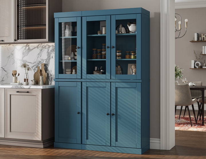 100% Solid Brazilian Pine Wood Pantry China Cabinet, Shaker & Clear Glass Doors, Adjustable Shelves, 48.5" Wide, 71.5" Tall