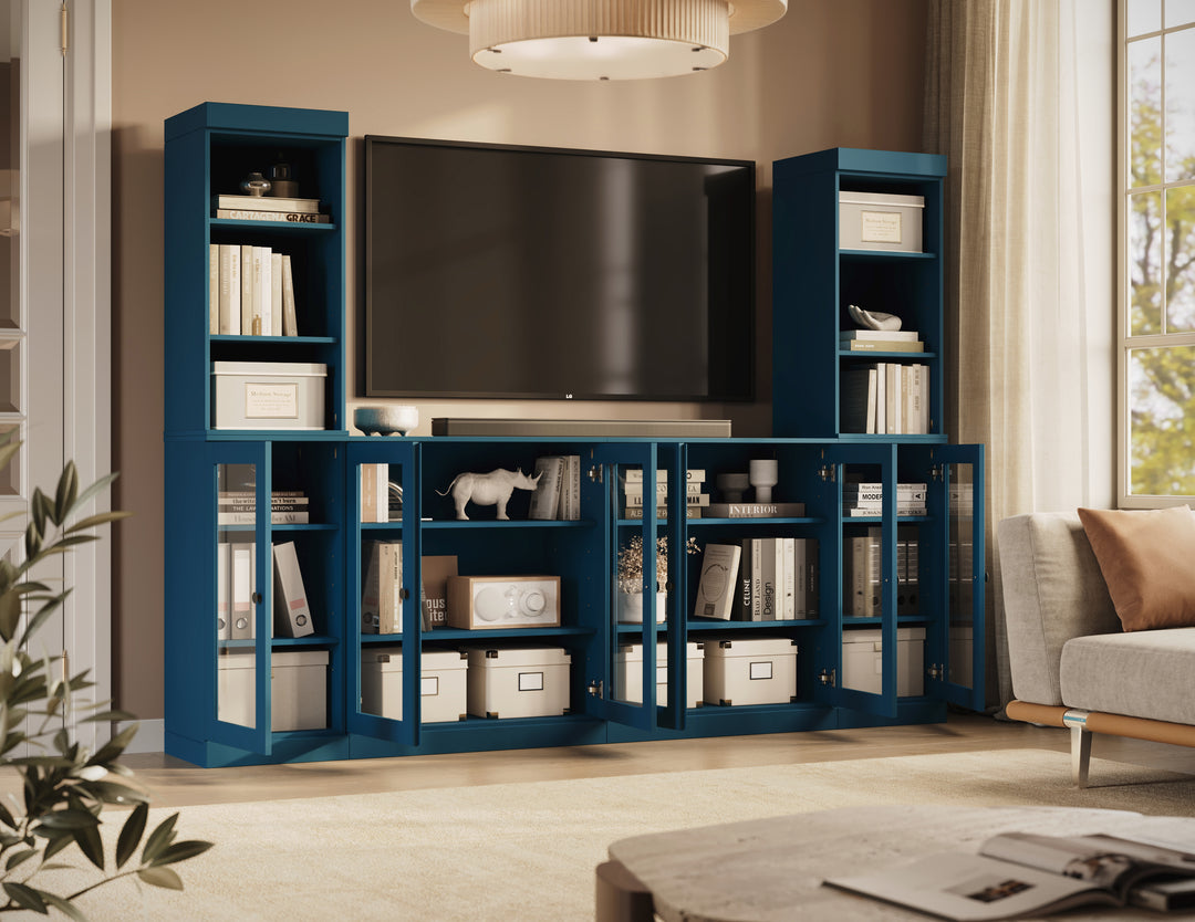 100% Solid Wood 6-Piece Entertainment Center Wall Unit with Storage, Open Cabinets & Glass Doors, Adjustable Shelves, 97" W x 71.5" H