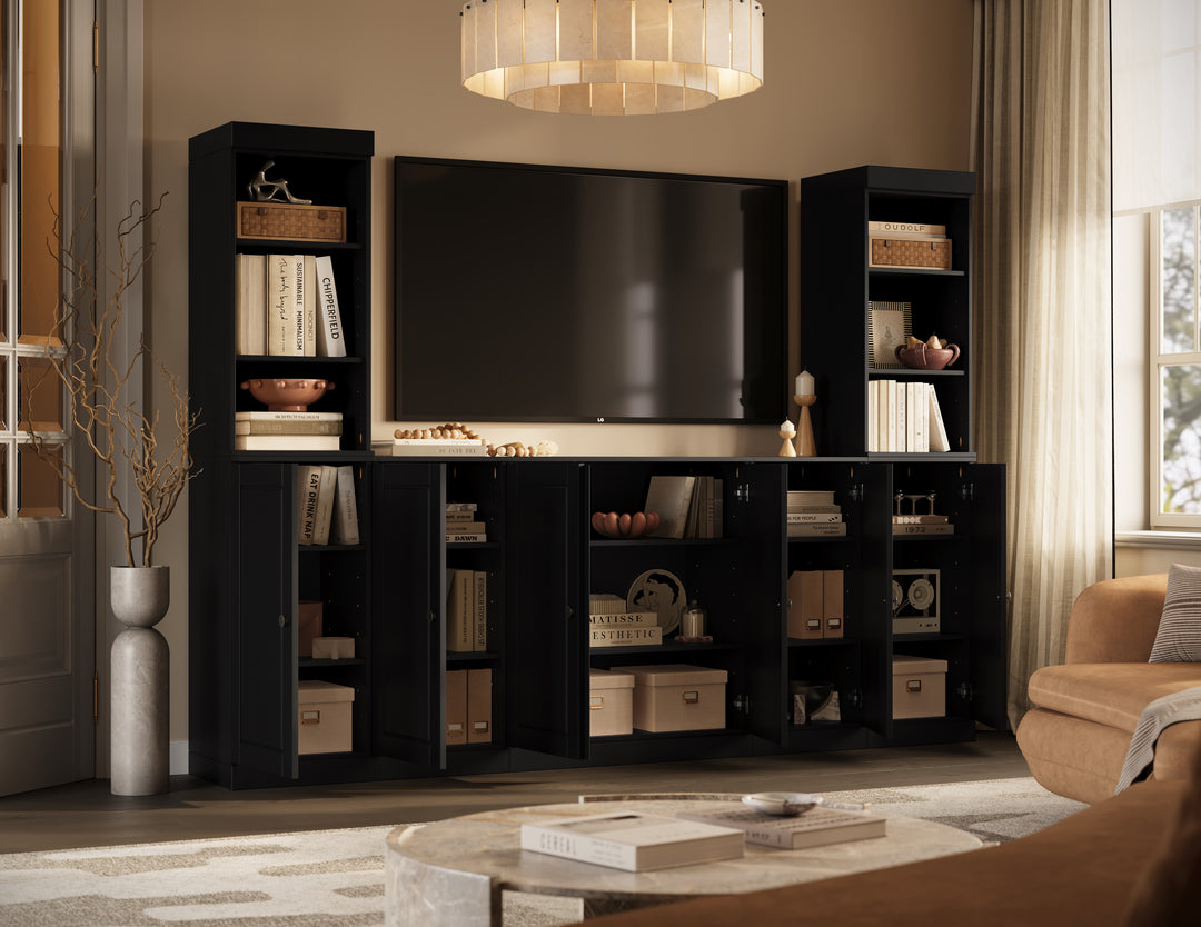 100% Solid Wood 7-Piece Entertainment Center Wall Unit with Storage, Open Cabinets & Raised Panel Doors, Adjustable Shelves, 98" W x 71.5" H