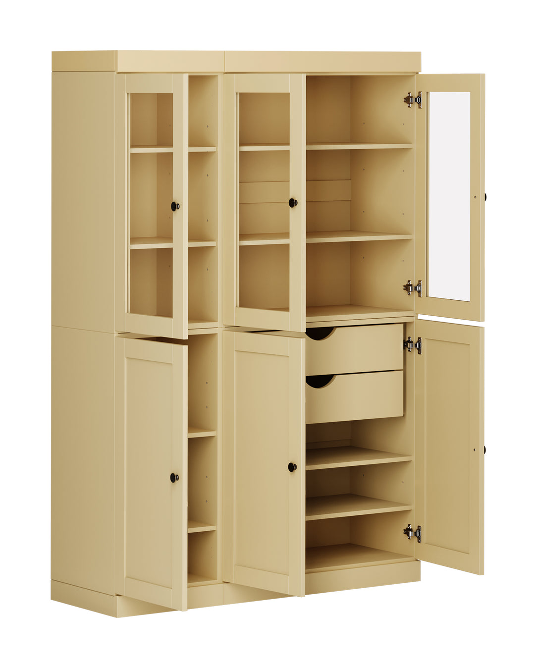 100% Solid Wood 48.5" Pantry China Cabinet, 3 Glass Doors, 3 Shaker Doors, 2-Drawers