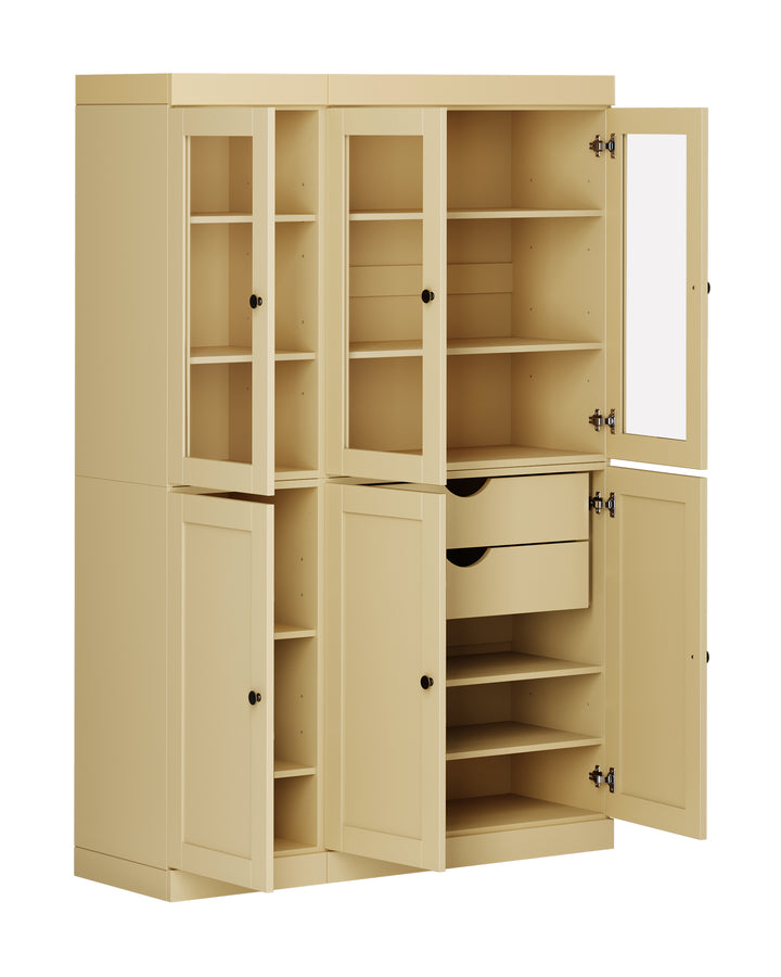 100% Solid Wood 48.5" Pantry China Cabinet, 3 Glass Doors, 3 Shaker Doors, 2-Drawers