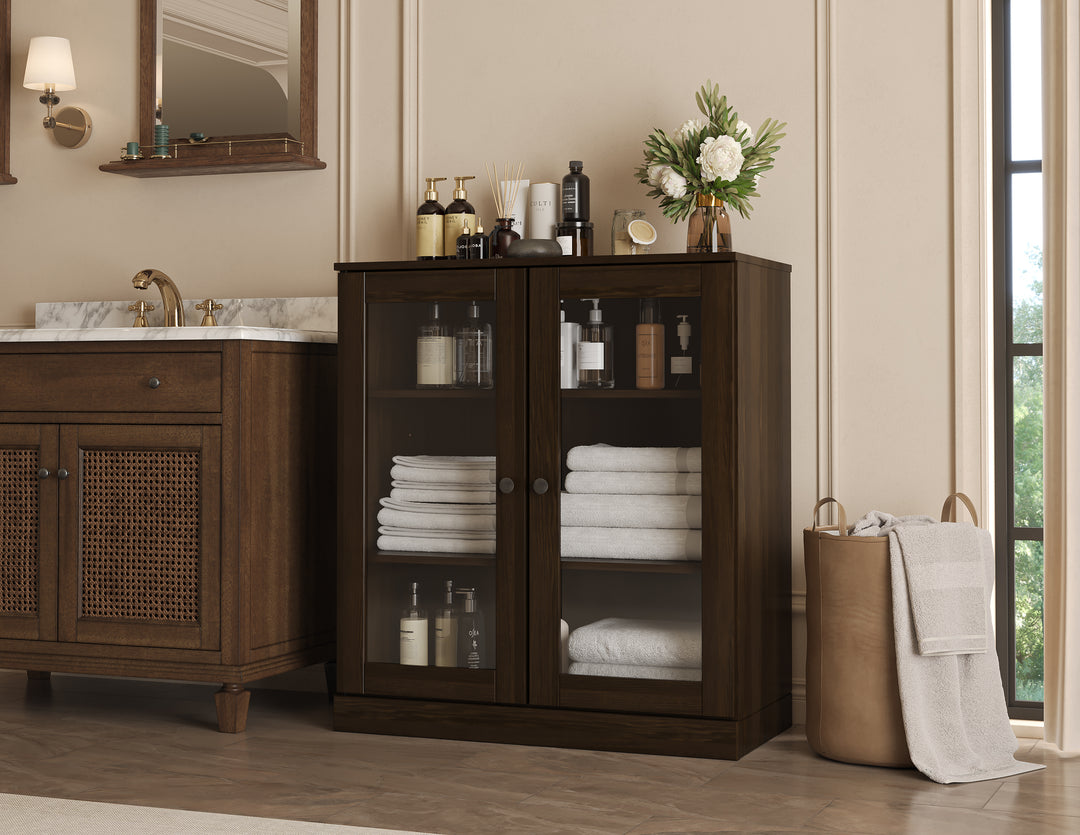 100% Solid Wood Freestanding Bathroom Linen Storage Cabinet with Glass Doors, Adjustable Shelves, 32" W x 35.75" H