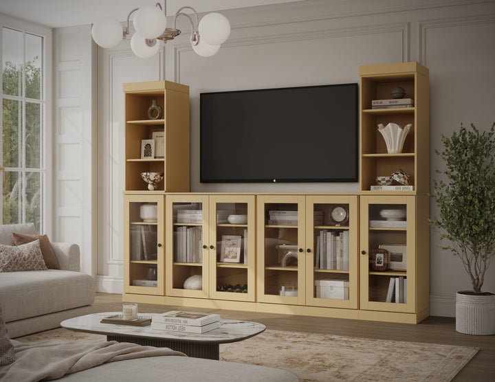 100% Solid Wood 6-Piece Entertainment Center Wall Unit with Storage, Open Cabinets & Glass Doors, Adjustable Shelves, 97" W x 71.5" H