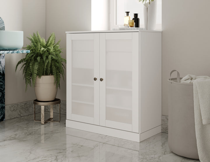 100% Solid Brazilian Pine Wood 32" Bathroom Storage Cabinet with Frosted Glass Doors, 2-Drawers and Adjustable Shelves