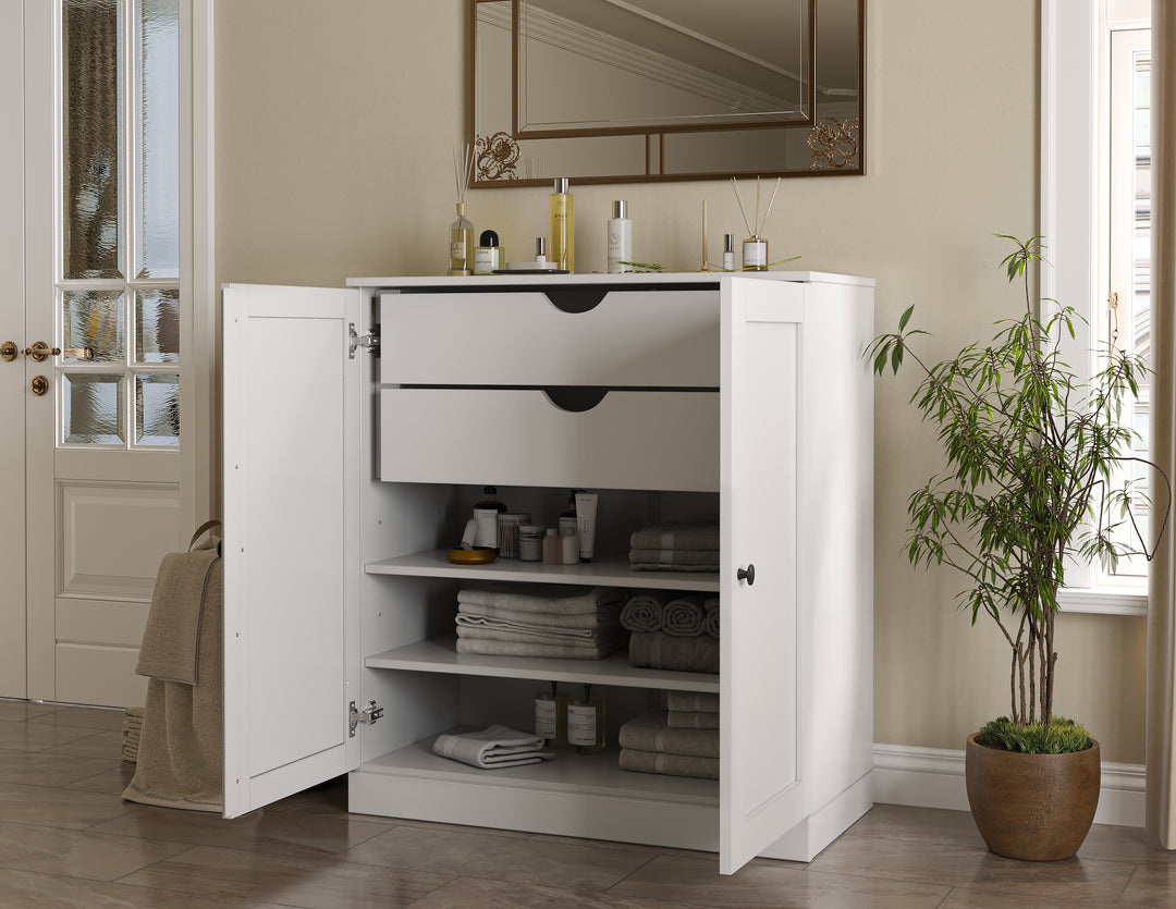 100% Solid Brazilian Pine Wood Bathroom Storage Cabinet, Shaker Doors, 2 Drawers, Adjustable Shelves, 32" Wide, 35.75" Tall