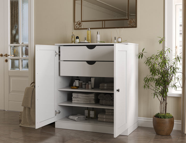 100% Solid Brazilian Pine Wood Bathroom Storage Cabinet, Shaker Doors, 2 Drawers, Adjustable Shelves, 32" Wide, 35.75" Tall