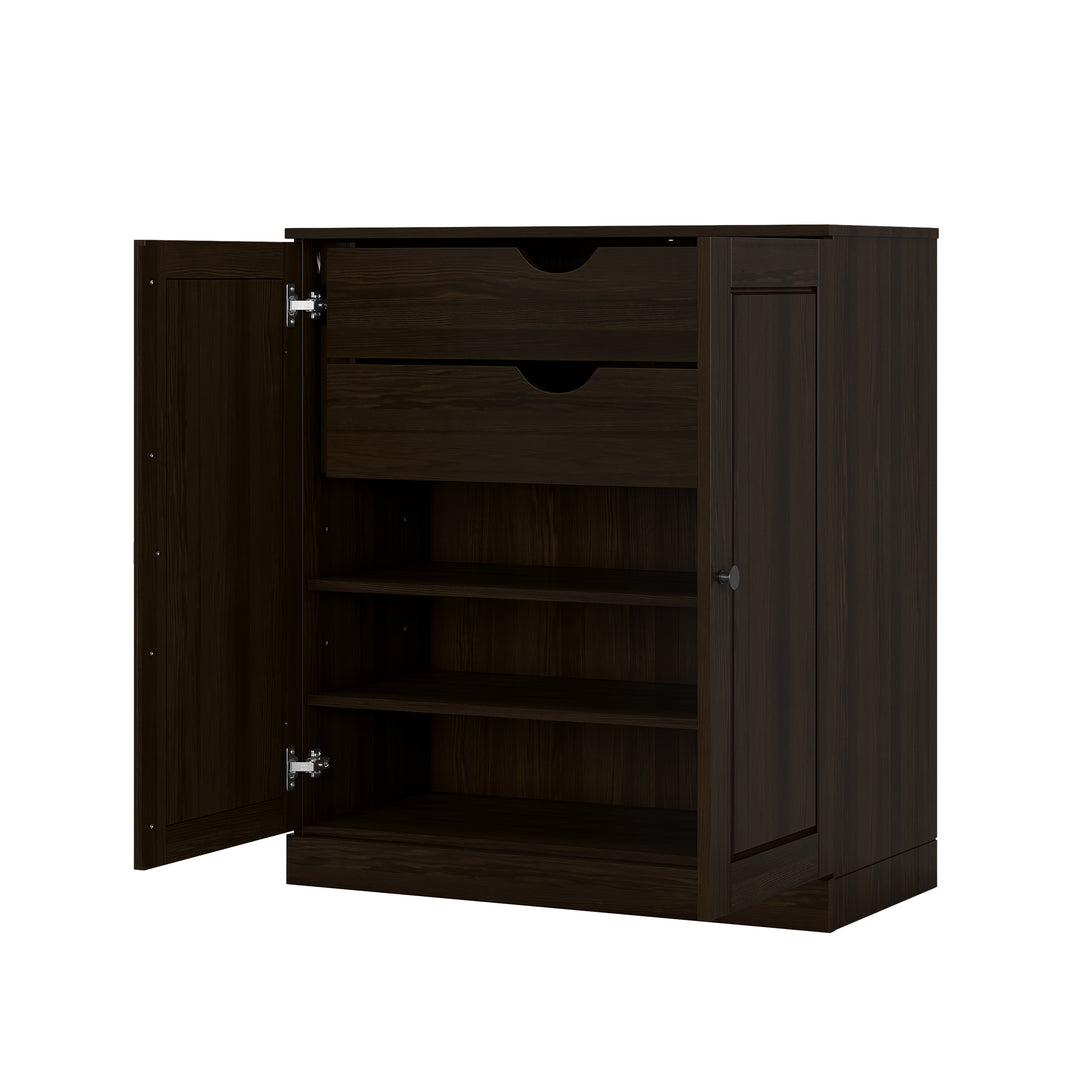 100% Solid Wood Freestanding Bathroom Linen Storage Cabinet with Raised Panel Doors, 2 Drawers, Adjustable Shelves, 32" W x 35.75" H