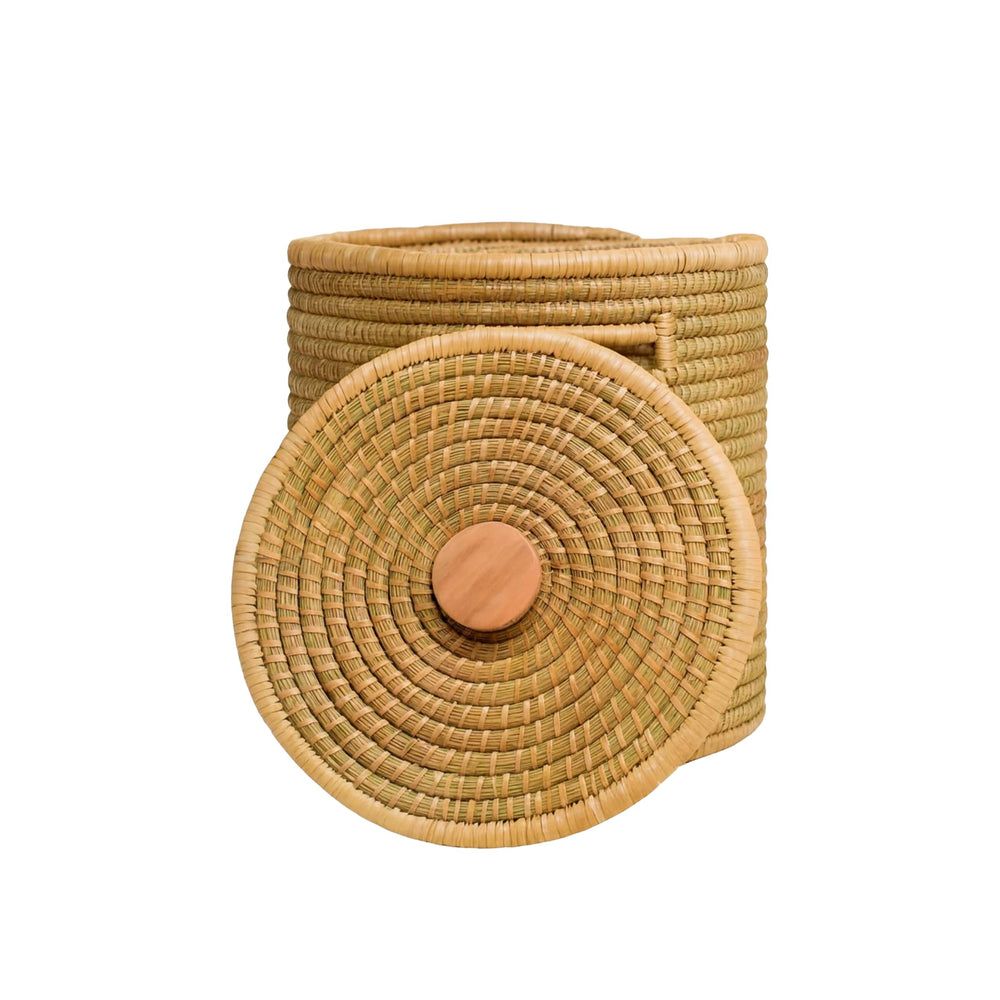 100% Handwoven Natural Rattan 17" Round Basket with Lid & Handles, Boho Farmhouse Decorative Laundry & Storage Organizer, Handcrafted – Authentic African Craftsmanship, Baskets - Palace Imports