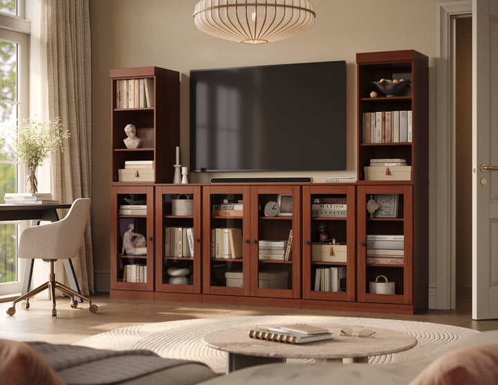 100% Solid Wood 7-Piece Entertainment Center Wall Unit with Storage, Open Cabinets & Glass Doors, Adjustable Shelves, 98" W x 71.5" H