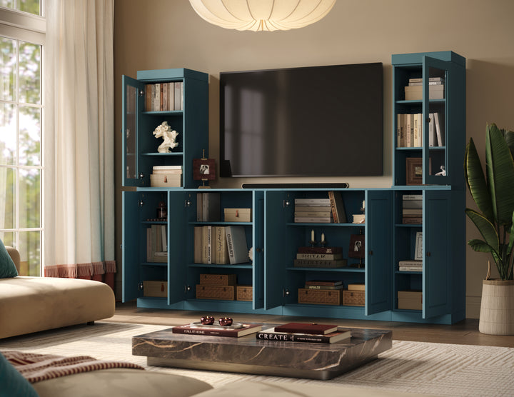 100% Solid Wood 6-Piece Entertainment Center Wall Unit with Storage, Glass & Raised Panel Doors, Adjustable Shelves, 97" W x 71.5" H