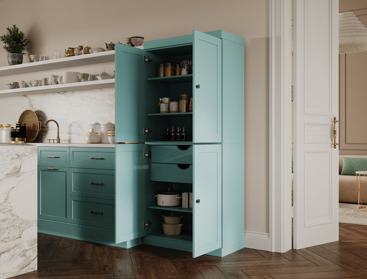 100% Solid Wood 32" Pantry Cabinet, Shaker Wood Doors, 2-Drawers