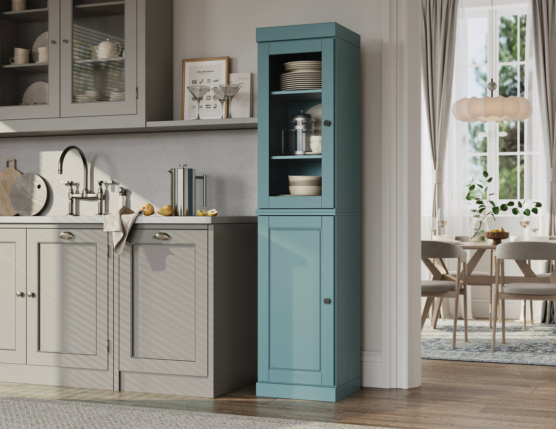 100% Solid Wood Kitchen Pantry China Cabinet, Tall Freestanding Modular Storage with Glass & Raised Panel Doors, Adjustable Shelves, 16.5" W x 71.5" H