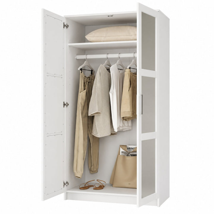 100% Solid Wood 2-Door Wardrobe Armoire with Mirrored Doors, Bedroom Closet Storage - Urban Collection