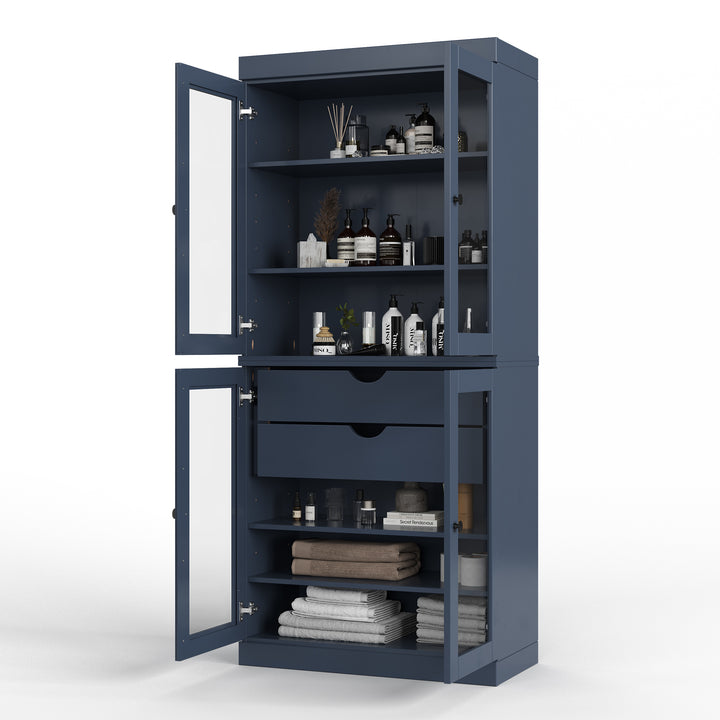 100% Solid Wood 32" Bathroom Cabinet, Glass Doors, 2-Drawers