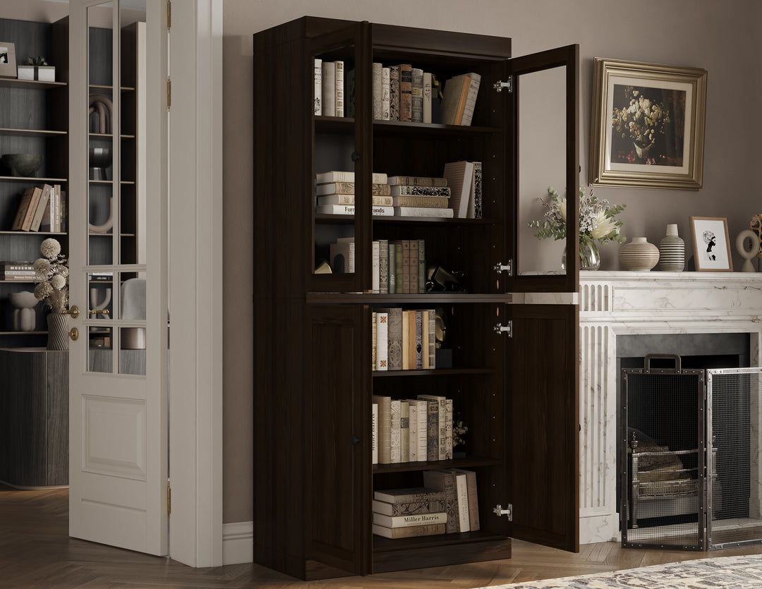 100% Solid Wood Freestanding Tall Modular 6-Shelf Bookcase Cabinet with Glass Top & Raised Panel Bottom Doors, Adjustable Shelves, Display Storage Bookshelf, 32" W x 71.5" H