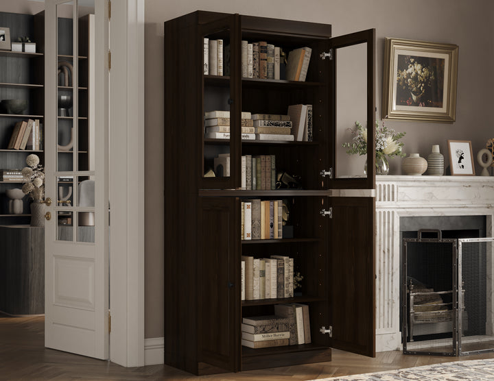 100% Solid Wood Freestanding Tall Modular 6-Shelf Bookcase Cabinet with Glass Top & Raised Panel Bottom Doors, Adjustable Shelves, Display Storage Bookshelf, 32" W x 71.5" H
