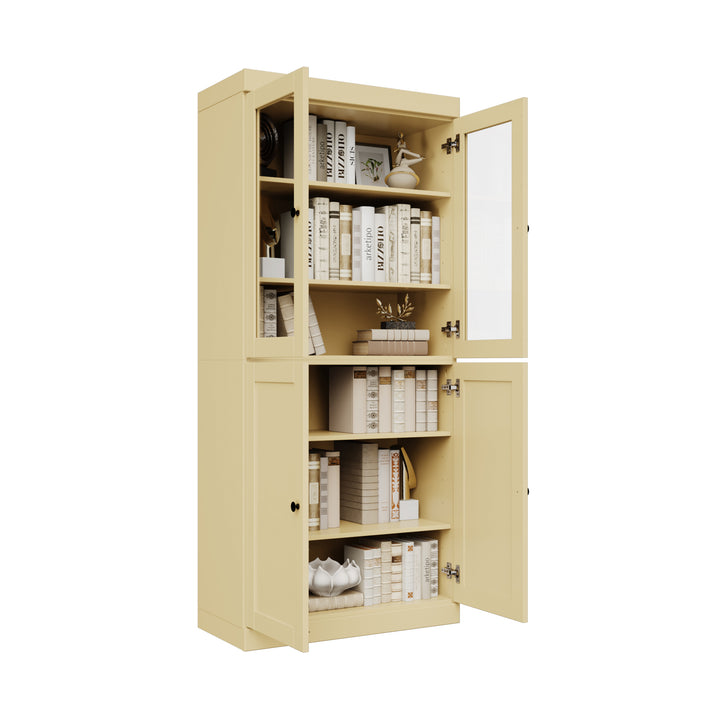 100% Solid Wood 6-Shelf 32" Bookcase, 2 Glass Doors, 2 Shaker Wood Doors, Adjustable Shelves