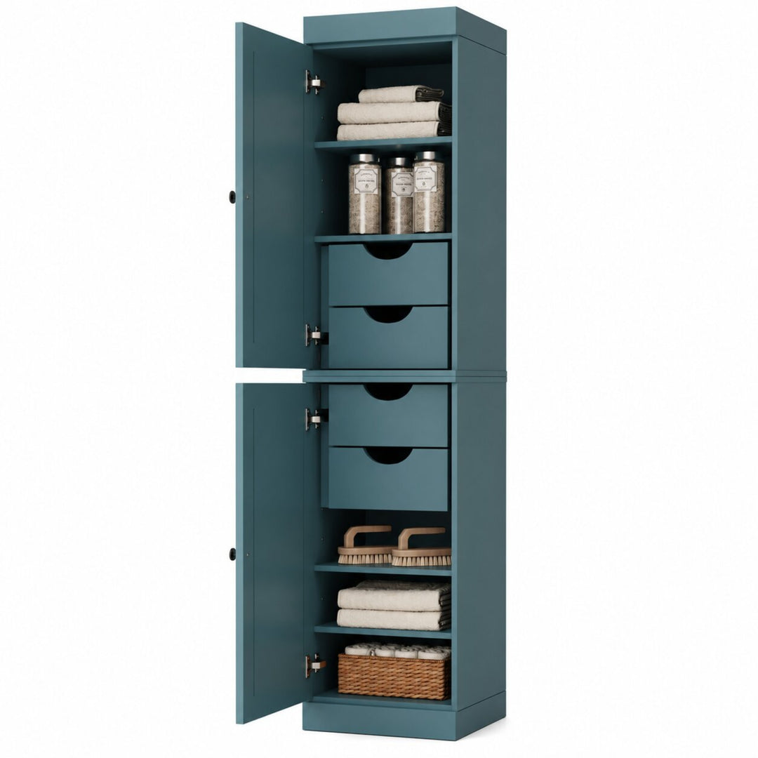 100% Solid Wood Bathroom Storage Cabinet, Raised Panel Doors, 4 Drawers, Adjustable Shelves, 16.5" Wide, 71.5" Tall
