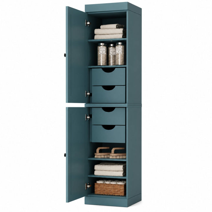 100% Solid Wood Bathroom Storage Cabinet, Raised Panel Doors, 4 Drawers, Adjustable Shelves, 16.5" Wide, 71.5" Tall